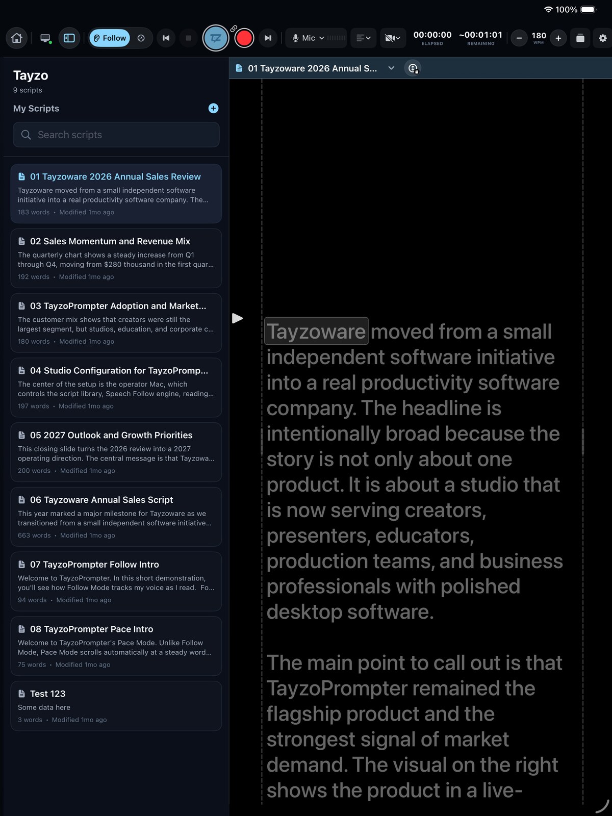 TayzoPrompter running on iPad with the script library and teleprompter workspace visible