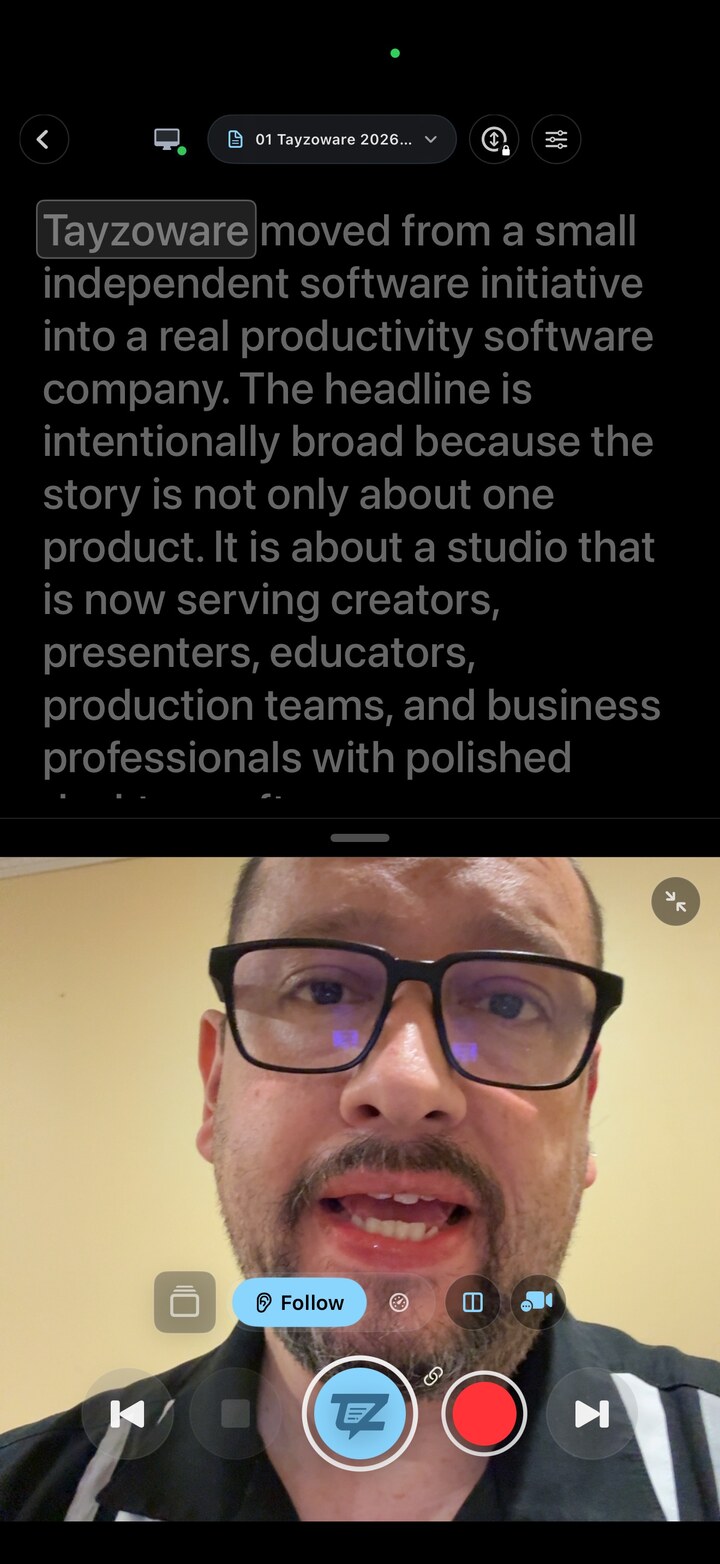 TayzoPrompter running in speech-follow mode on iPhone while Michael records himself