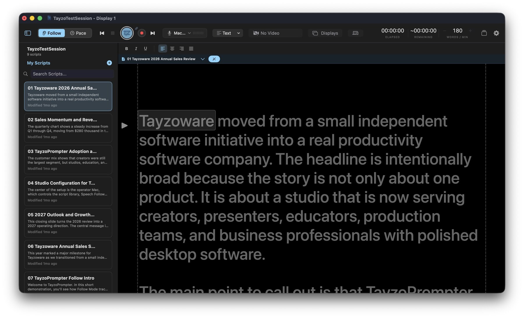 TayzoPrompter running on macOS with its script library, reading controls, and speech-follow mode